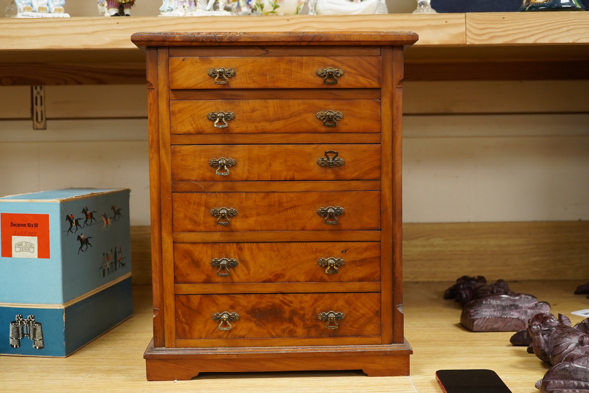 A late 19th century satin birch six drawer miniature chest of drawers, 33cm wide x 42cm high